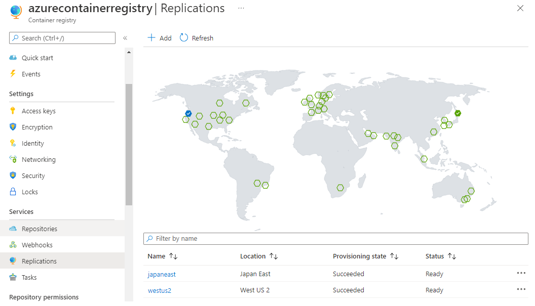 Screenshot della mappa del mondo del Registro Azure Container che mostra le posizioni replicate e disponibili.