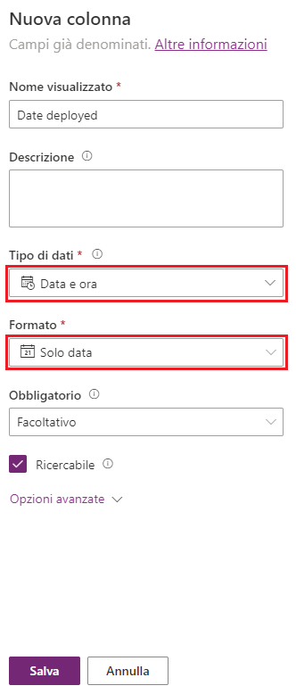 Screenshot dell'aggiunta di una colonna di data con il tipo di dati e il formato evidenziati.