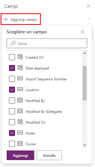 Screenshot della finestra di dialogo Campi con l'opzione Aggiungi campo evidenziata e diverse caselle selezionate accanto alle colonne da aggiungere alla vista. 