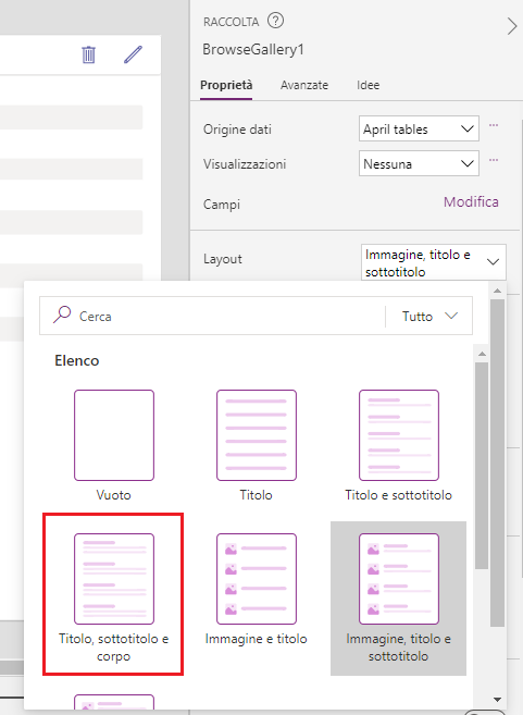 Screenshot delle opzioni di layout della raccolta con l'opzione Titolo, sottotitolo e corpo selezionata. 