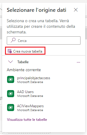 Screenshot del popup Selezionare l'origine dati con l'opzione Crea nuova tabella evidenziata.