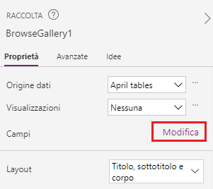 Screenshot delle proprietà della raccolta con il pulsante Modifica evidenziato al di sotto di Campi. 