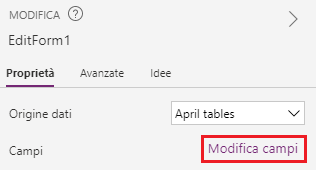 Screenshot che mostra il riquadro Proprietà del modulo di modifica e il pulsante Modifica campi evidenziato. 