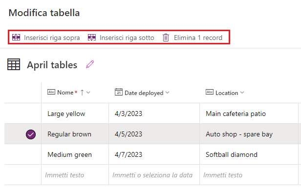 Screenshot di una riga già inserita nella tabella e selezionata, con le nuove opzioni Inserisci riga sopra, Inserisci riga sotto ed Elimina record evidenziate. 