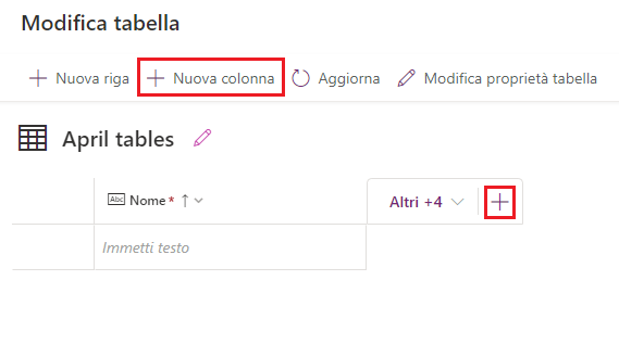 Screenshot della schermata Modifica tabella con le opzioni per creare una nuova colonna evidenziate.