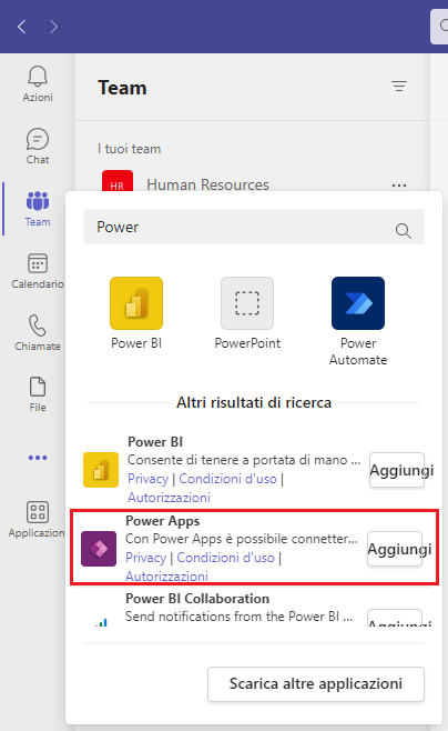Screenshot del popup di selezione dell'app in Teams.