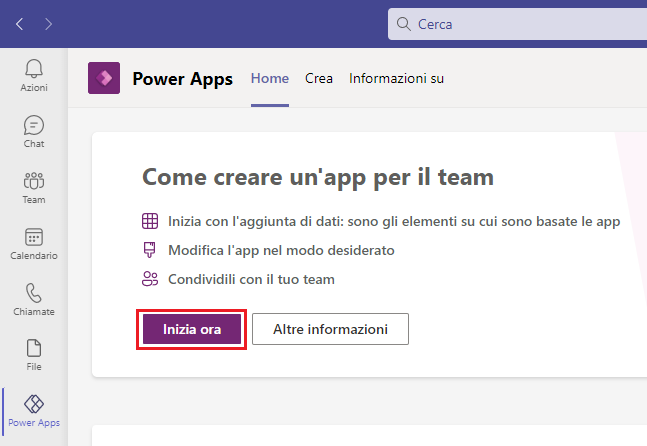 Screenshot del menu della schermata Home di Power Apps con il pulsante Inizia ora selezionato.