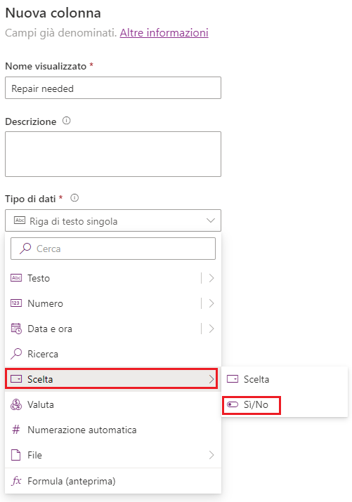 Screenshot dell'aggiunta di una colonna di tipo Sì/No con le opzioni Scelta e Sì/No evidenziate.