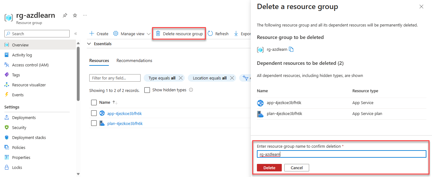 A screenshot showing how to delete a resource group.