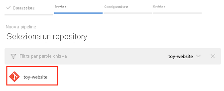 Screenshot che mostra la scheda Configura la pipeline con il repository toy-website selezionato.