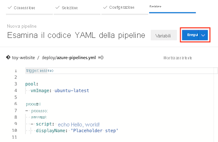 Screenshot di Azure DevOps che mostra il passaggio Rivedi del flusso Crea pipeline, con il pulsante Esegui evidenziato.