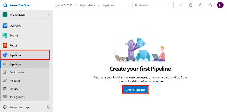 Screenshot del riquadro Crea la prima pipeline con la voce Pipeline evidenziata nel menu della risorsa e il pulsante Crea pipeline evidenziato.