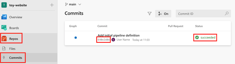 Screenshot che mostra il riquadro Commit con l'identificatore del commit e lo stato riuscito evidenziato.