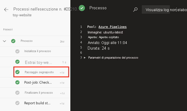 Screenshot che mostra il log dei processi della pipeline, con il passaggio 'Segnaposto' evidenziato.