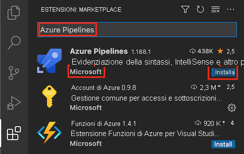 Screenshot del menu Estensioni di Visual Studio Code con l'estensione 'Azure Pipelines' di Microsoft e il pulsante Installa evidenziato.