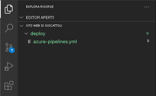 Screenshot di Esplora risorse di Visual Studio Code che mostra la cartella deploy e il file azure-pipelines.yml appena creato.