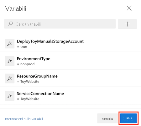 Screenshot di Azure DevOps che mostra l'editor delle variabili della pipeline, con il pulsante Salva evidenziato.