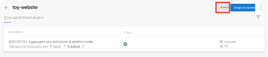 Screenshot di Azure DevOps che mostra la pipeline, con l'opzione Modifica evidenziata.