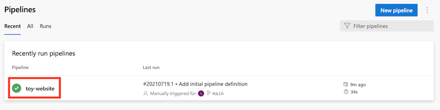 Screenshot di Azure DevOps che mostra l'elenco delle pipeline, con la pipeline toy-website evidenziata.