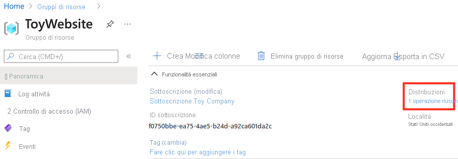 Screenshot del portale di Azure che mostra il gruppo di risorse con una distribuzione riuscita.