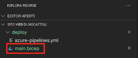 Screenshot di Esplora risorse di Visual Studio Code, con il file main.bicep evidenziato nella cartella deploy.