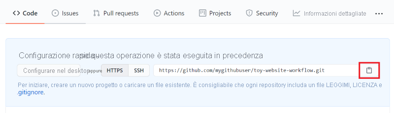 Screenshot of the GitHub interface showing the new empty repository, with the repository URL copy button highlighted.