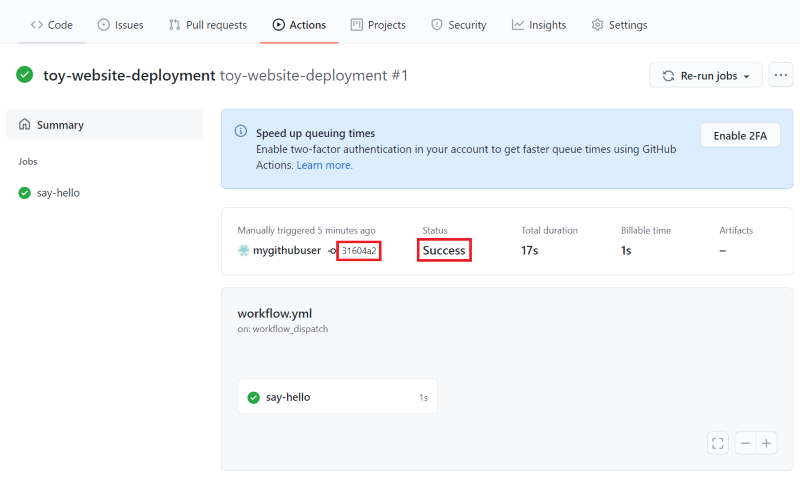 Screenshot of the GitHub interface showing the details of the workflow run, with the status and commit identifier highlighted.