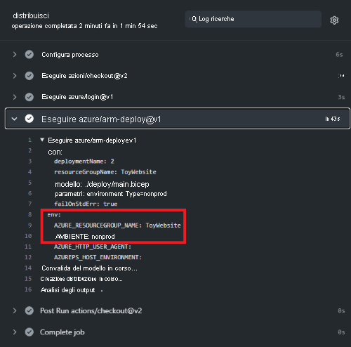 Screenshot of the GitHub interface showing the workflow log, with the 'environment variables' highlighted.