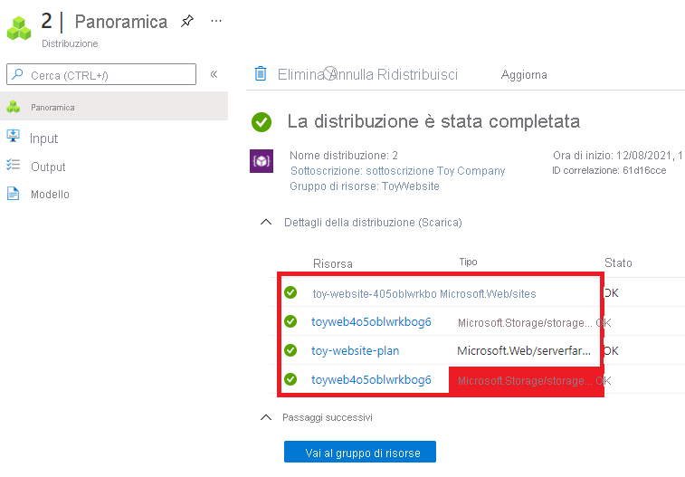 Screenshot of the Azure portal that shows the resource group deployment details, with the App Service resources highlighted.