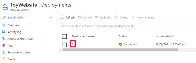 Screenshot of the Azure portal that shows the resource group deployment history, with the deployment highlighted.