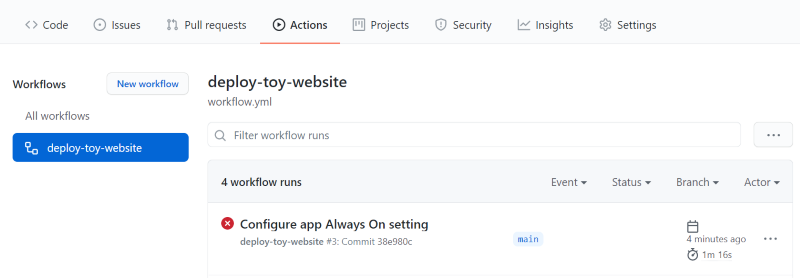 Screenshot of the GitHub interface showing the failed workflow run.