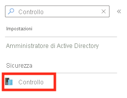 Screenshot dell'interfaccia del portale di Azure per il server logico che mostra il campo di ricerca con la parola Controllo.