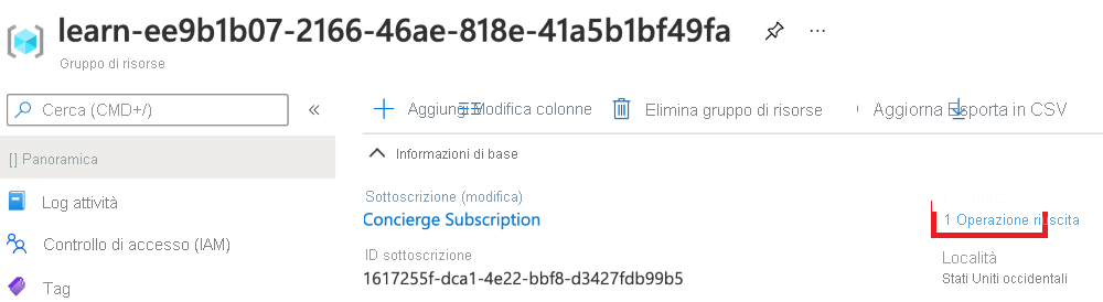 Screenshot dell'interfaccia del portale di Azure per la panoramica del gruppo di risorse con la sezione delle distribuzioni che mostra una distribuzione completata.