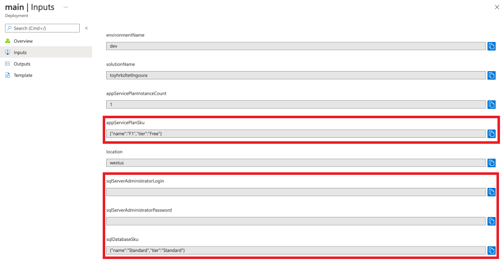 Screenshot dell'interfaccia del portale di Azure per la distribuzione specifica, che mostra i valori dei parametri.