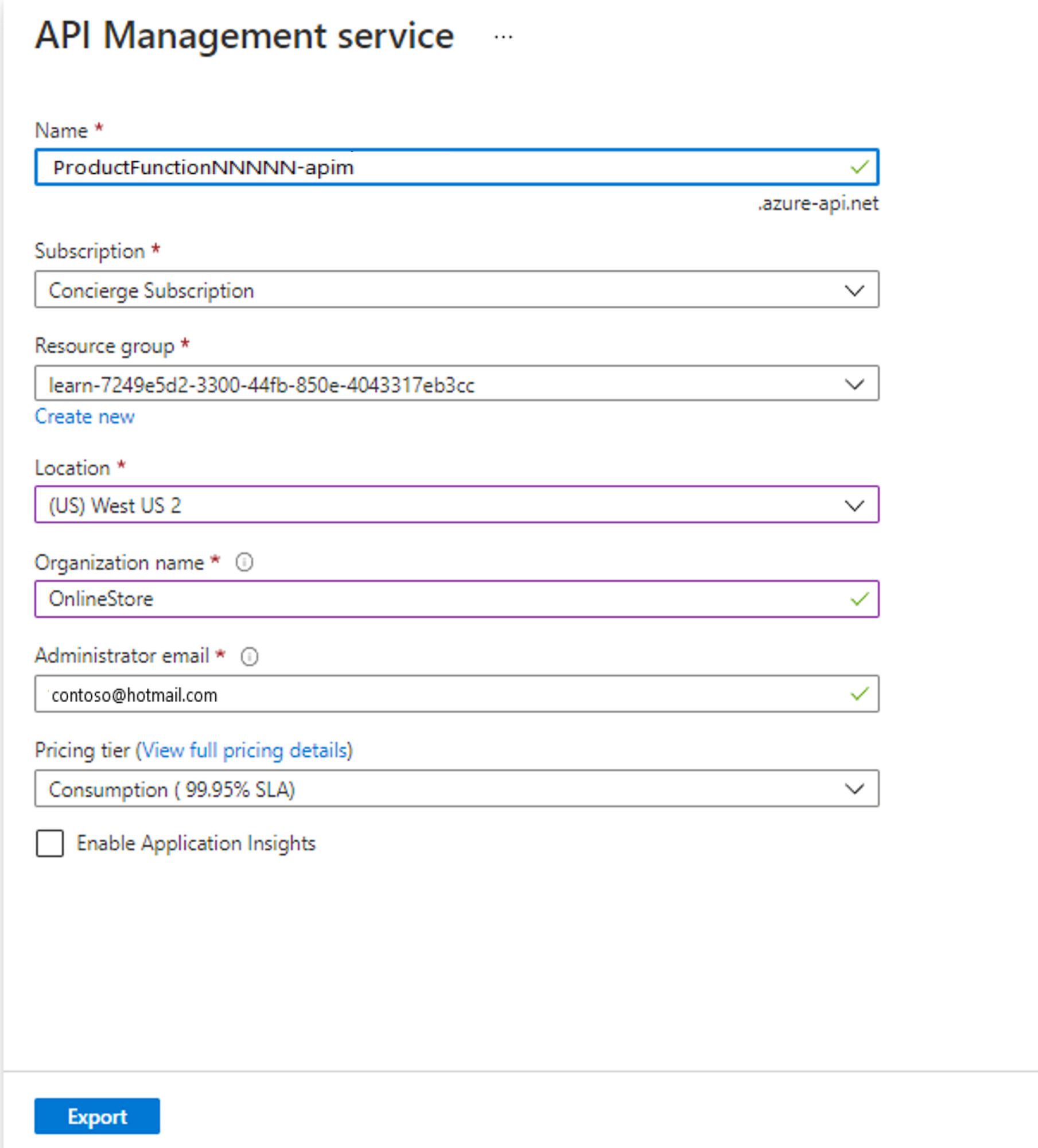 Screenshot showing settings for an API Management service.