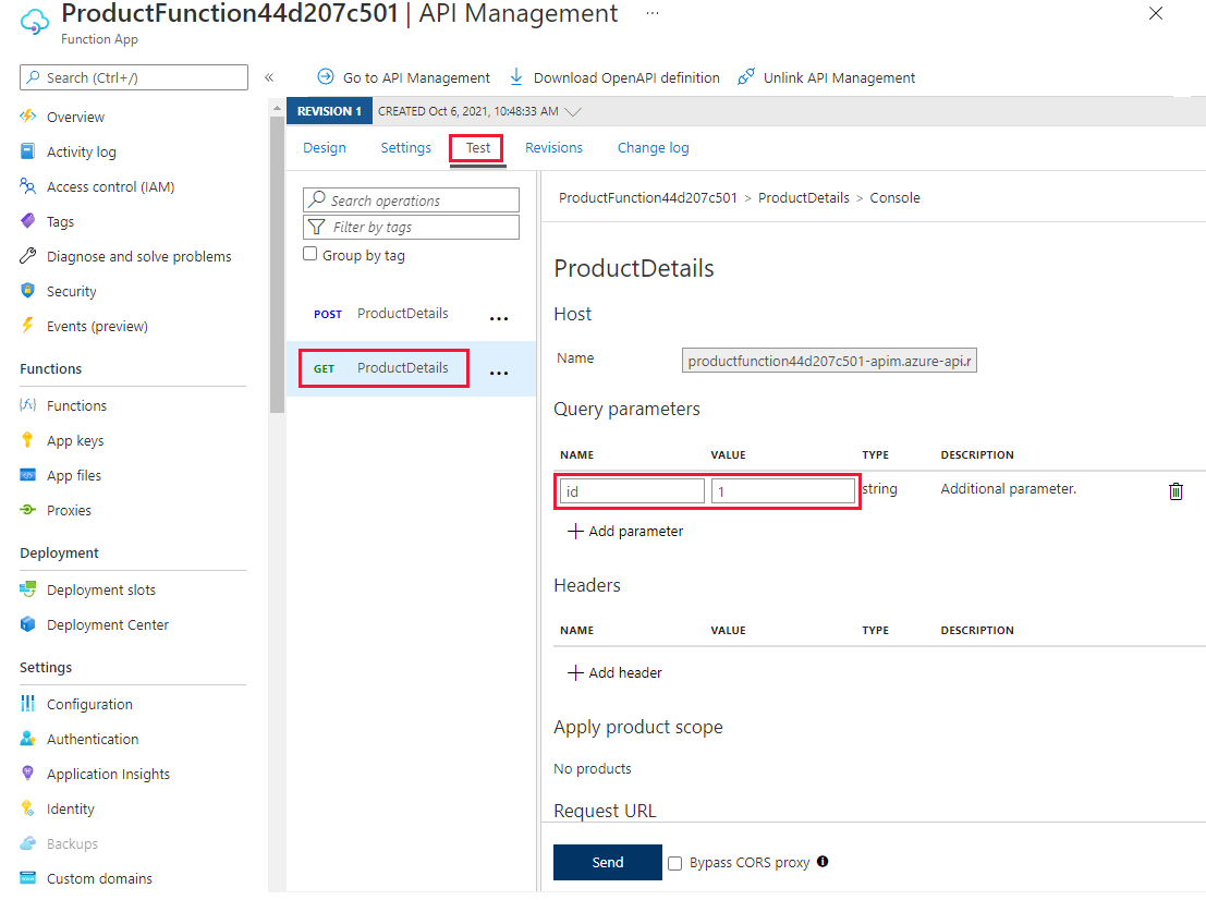 Screenshot showing ProductDetails Console with query parameter values highlighted for the GET HTTP request.