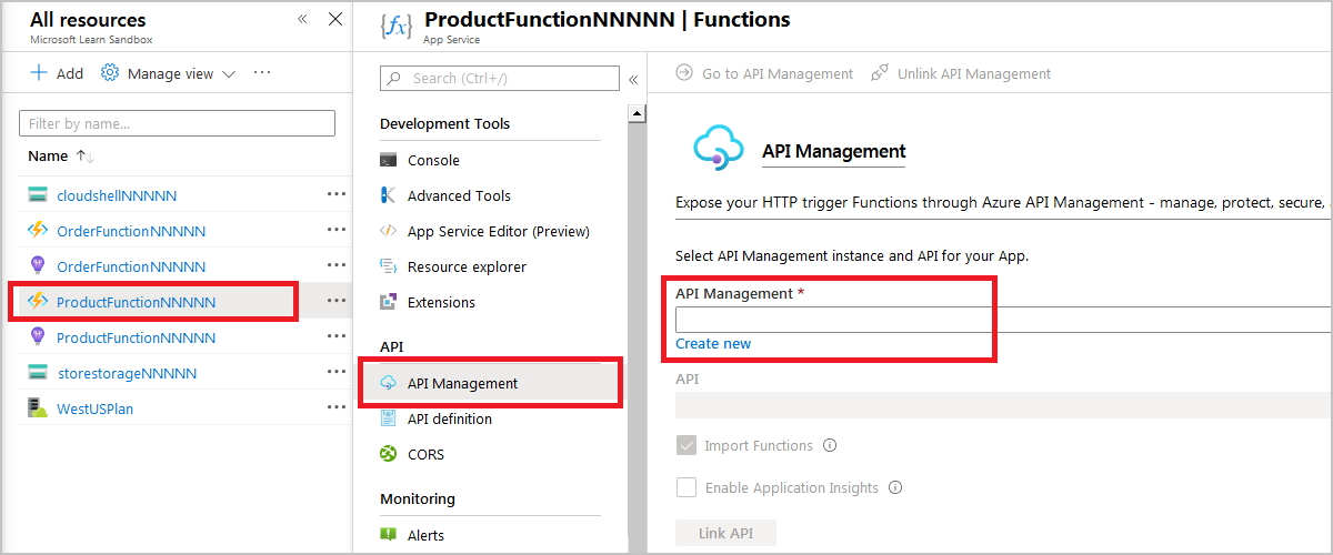 Screenshot showing menu selection to open the API Management app service.