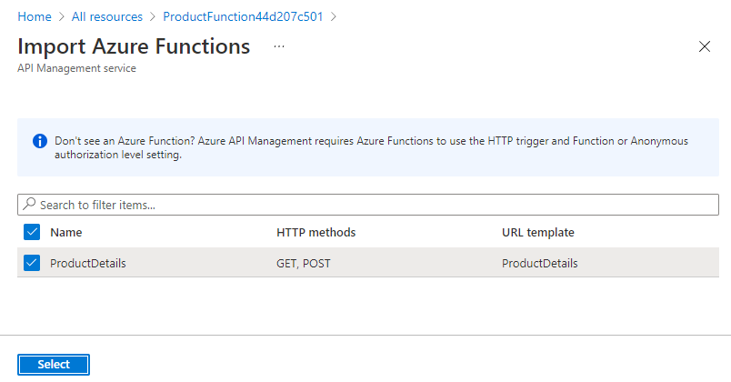 Screenshot showing the Import Azure Functions API Management service pane.