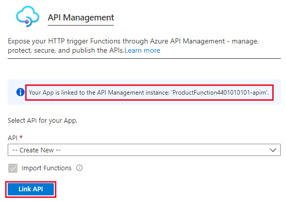 Screenshot of API Management highlighting the Link API button.