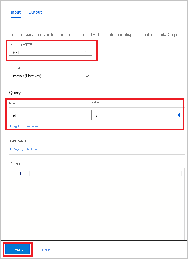 Screenshot of the input pane for Test + Run, with the input parameter for the HTTP GET method highlighted.