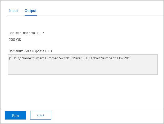 Screenshot of the output of a pane for Test + Run with response results of running the GET method.