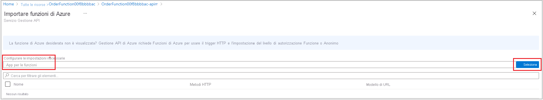 Screenshot della finestra di dialogo Importa funzioni di Azure con il campo Configura le impostazioni obbligatorie e il pulsante Seleziona evidenziati.