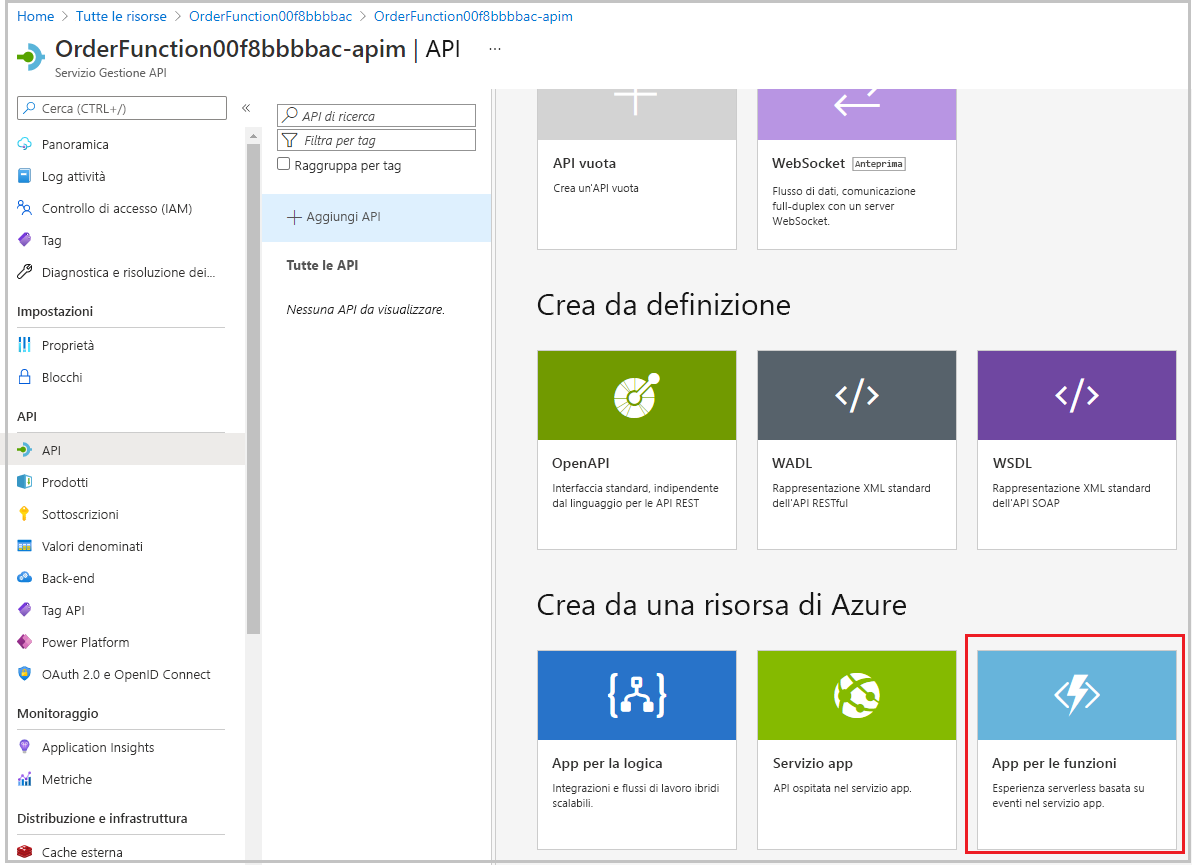 Screenshot della schermata Add a New API (Aggiungere una nuova API) con un callout che evidenzia l'opzione App per le funzioni di Azure.