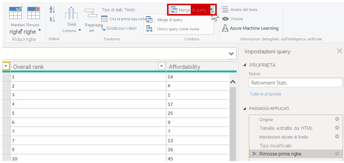 Pulsante Merge di query