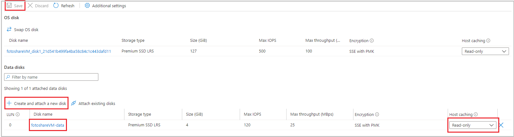 Screenshot showing the OS disk and new data disk in the Disks section of our VM pane, with both disks set to Read-only caching.