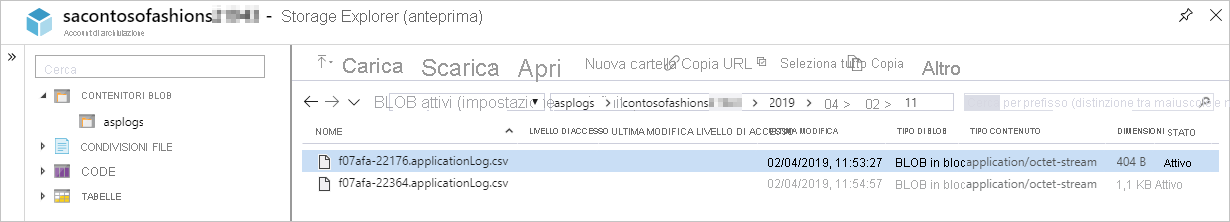 Screenshot del browser archiviazione per scaricare i log delle app di Windows dai contenitori BLOB.