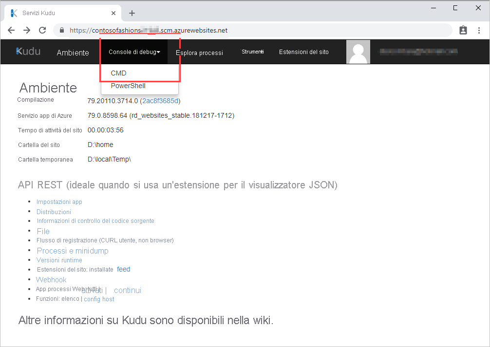 Screenshot della pagina dell'ambiente Kudu con un callout che evidenzia l'opzione CMD del menu Console di debug.