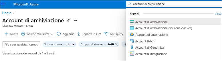 Screenshot che mostra i risultati della ricerca per Account di archiviazione.