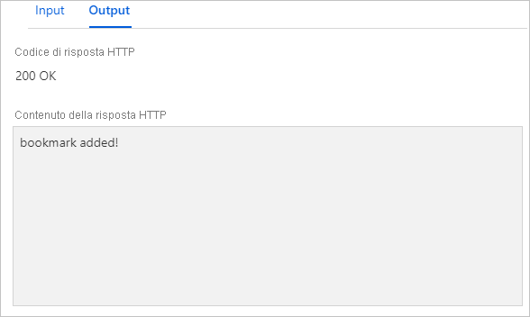 Screenshot della scheda di output che mostra la risposta che indica che il segnalibro è stato aggiunto.