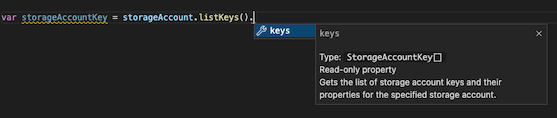 Screenshot dell'estensione Bicep per Visual Studio Code. IntelliSense visualizza diverse informazioni restituite dalla funzione listKeys per un account di archiviazione.